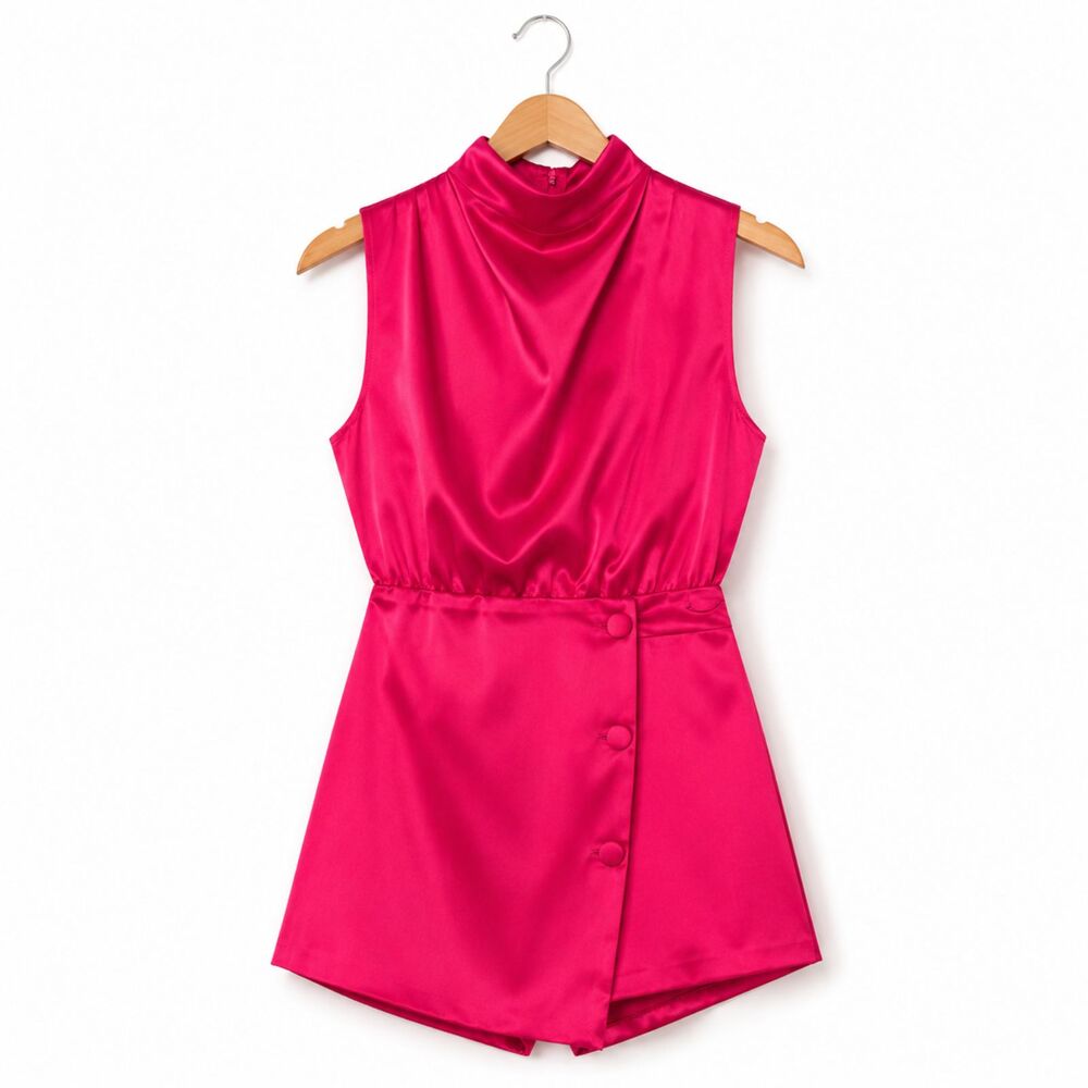Karlie Hot Pink Satin Romper Skort High Neck Barbiecore Party Cottagecore Size M - Picture 3 of 8